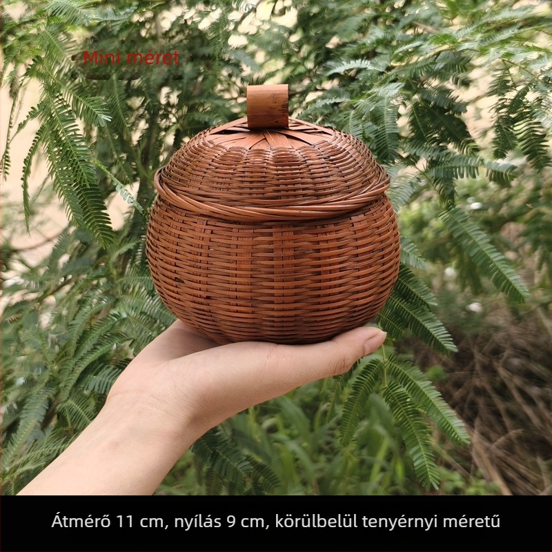 Kézműves bambusz tárolókosár fedővel
