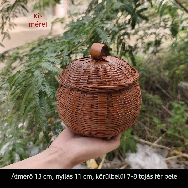 Kézműves bambusz tárolókosár fedővel