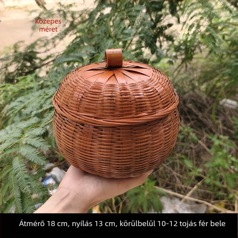 Kézműves bambusz tárolókosár fedővel