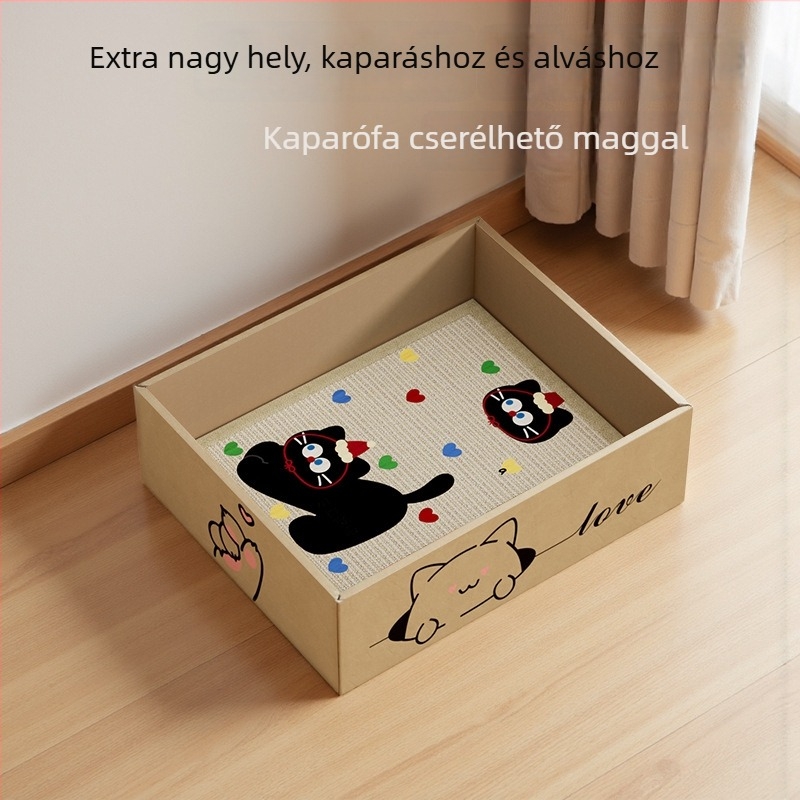 Színes nyomtatású sisal macskapiszkáló tábla integrált macskafekhellyel, téglalap alakú kartondoboz cserélhető maggal, dopamin dizájn