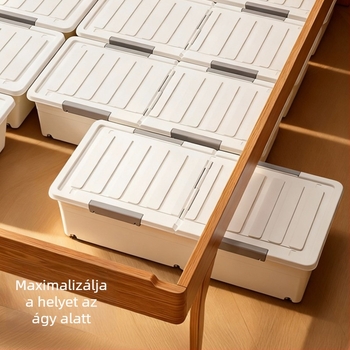 Ágy alatti tároló doboz kerekekkel, lapos fiókos stílusú, műanyag rendező fedéllel ruhákhoz és takarókhoz