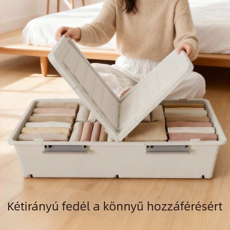 Ágy alatti tároló doboz kerekekkel, lapos fiókos stílusú, műanyag rendező fedéllel ruhákhoz és takarókhoz