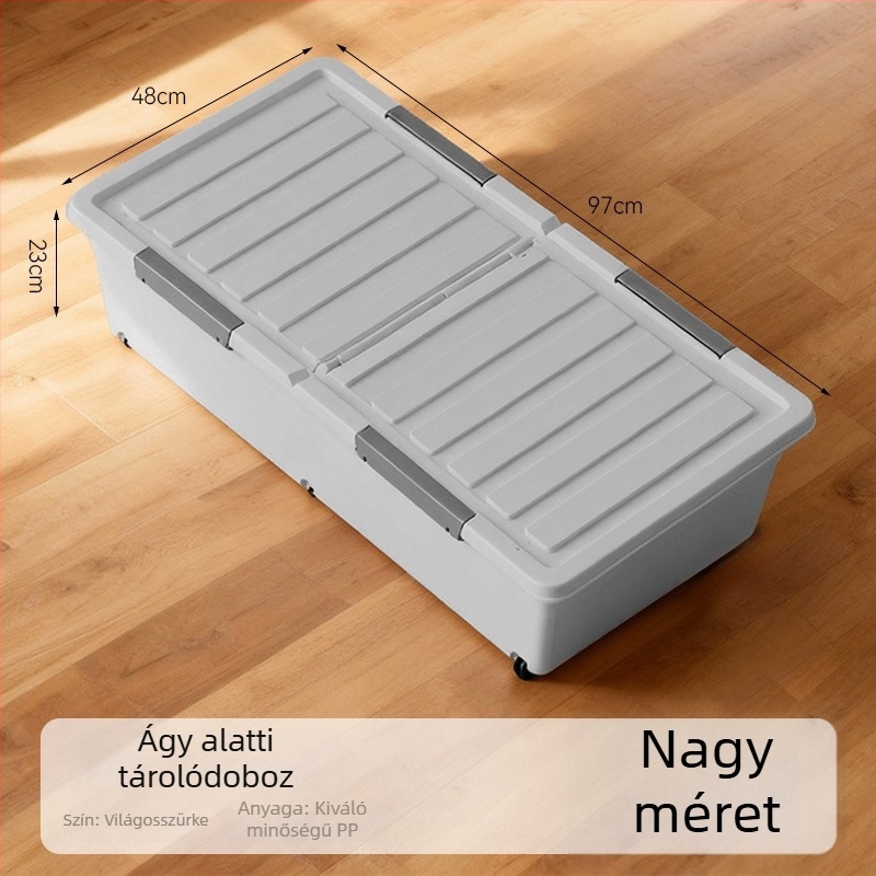 Ágy alatti tároló doboz kerekekkel, lapos fiókos stílusú, műanyag rendező fedéllel ruhákhoz és takarókhoz