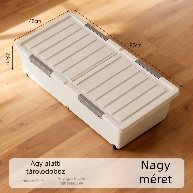 Ágy alatti tároló doboz kerekekkel, lapos fiókos stílusú, műanyag rendező fedéllel ruhákhoz és takarókhoz