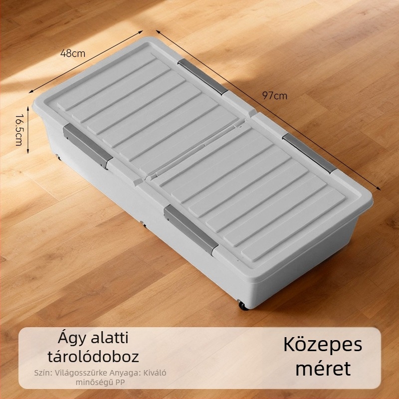 Ágy alatti tároló doboz kerekekkel, lapos fiókos stílusú, műanyag rendező fedéllel ruhákhoz és takarókhoz