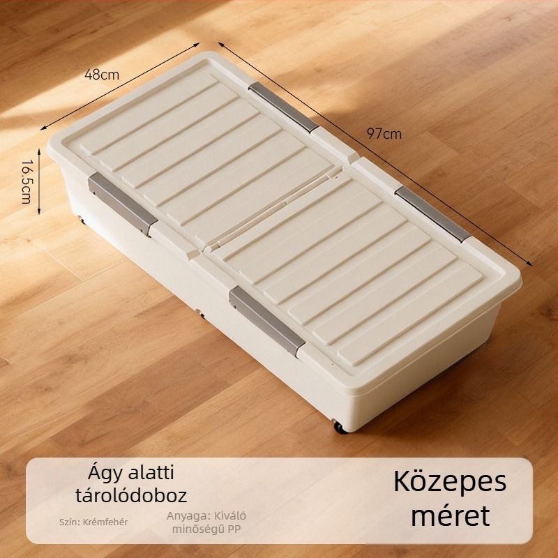 Ágy alatti tároló doboz kerekekkel, lapos fiókos stílusú, műanyag rendező fedéllel ruhákhoz és takarókhoz