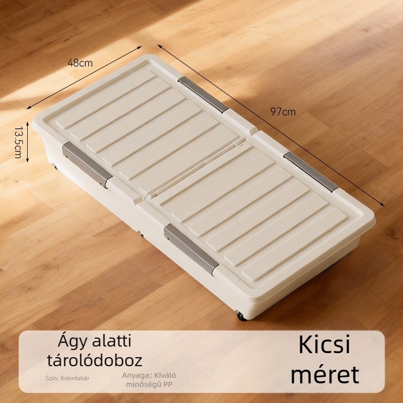 Ágy alatti tároló doboz kerekekkel, lapos fiókos stílusú, műanyag rendező fedéllel ruhákhoz és takarókhoz