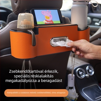 Sokoldalú műanyag hátsó üléshez tartozó szervező – papírzsebkendő tartó, pohártartó és tároló az autóhoz