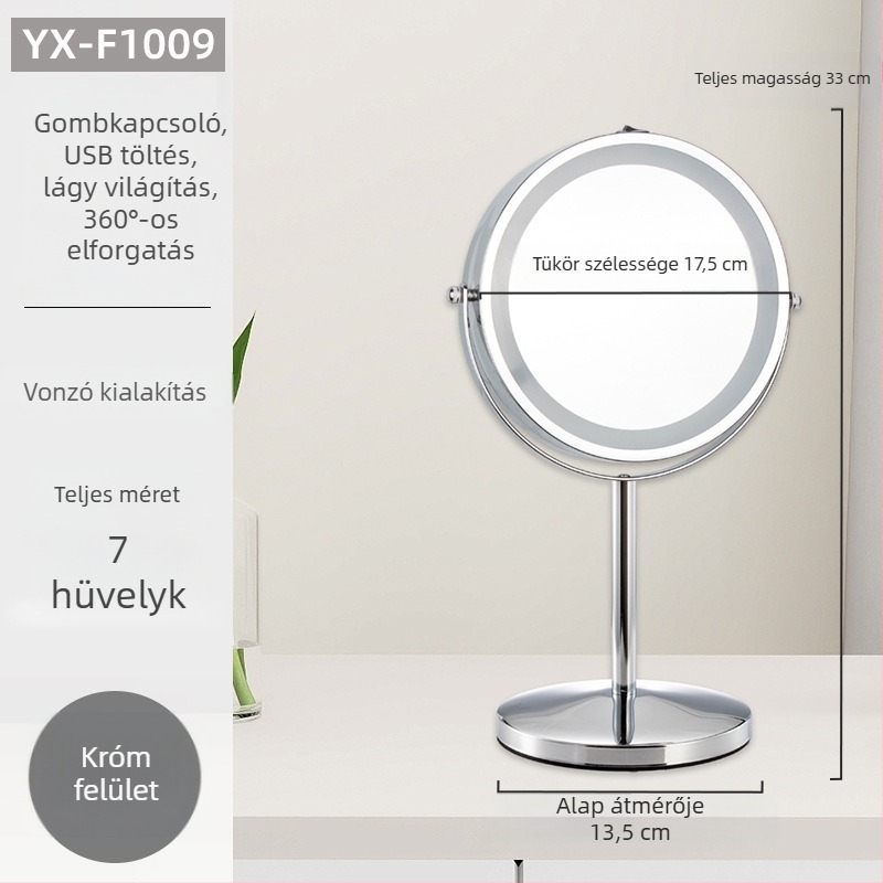 Asztali sminktükör kétoldalas, európai stílusú, nagyításos, HD, fémből készült keret, méret 7–8 hüvelyk