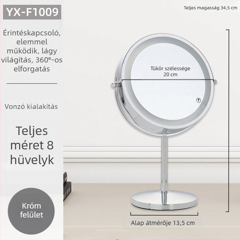 Asztali sminktükör kétoldalas, európai stílusú, nagyításos, HD, fémből készült keret, méret 7–8 hüvelyk