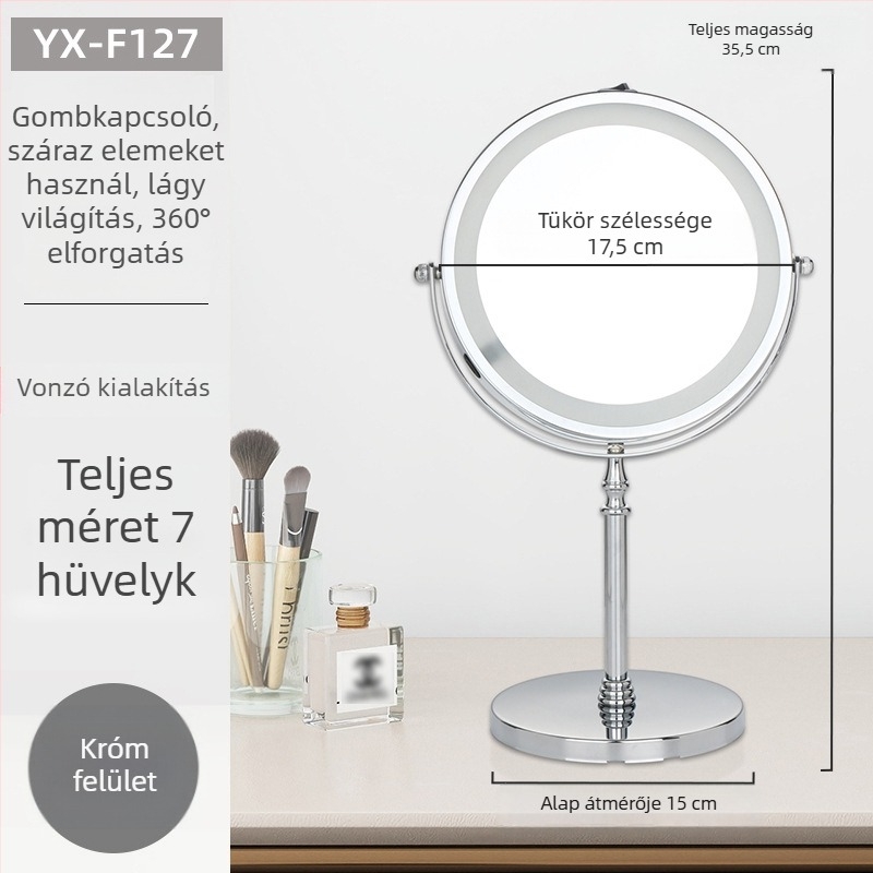 Asztali sminktükör kétoldalas, európai stílusú, nagyításos, HD, fémből készült keret, méret 7–8 hüvelyk
