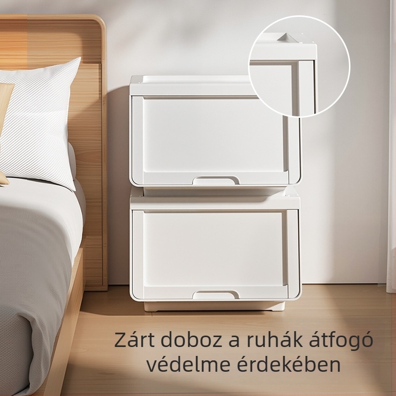 Otthoni tároló doboz felnyíló tetővel, ruhák és játékok rendezője, műanyag tároló szekrény fiókos kivitelben