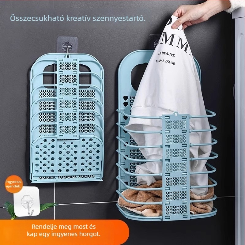 Falra szerelhető összecsukható szennyesruha kosár, otthoni használatra, fürdőszobához