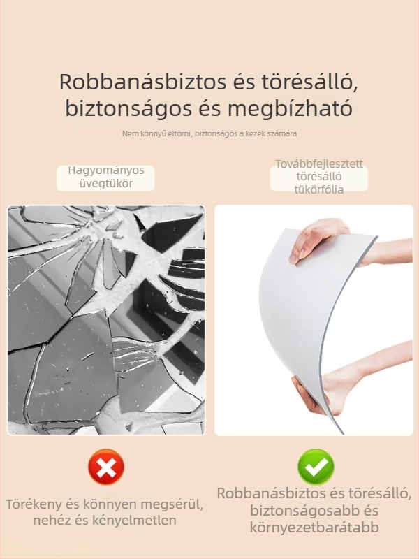 Sminktükör, teljes hosszúságú, akril HD, falra szerelhető vagy álló, öntapadós, fúrás nélkül