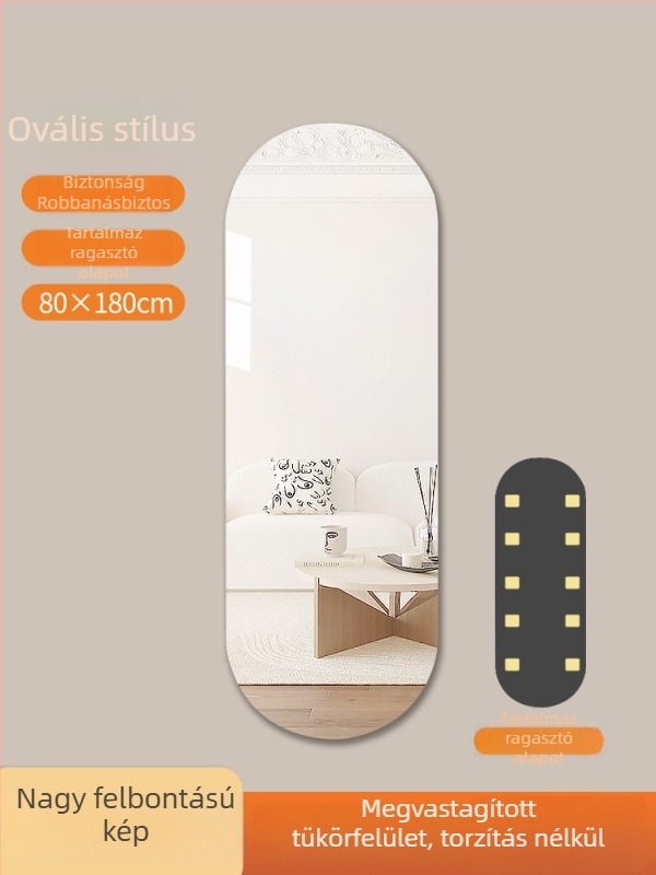 Sminktükör, teljes hosszúságú, akril HD, falra szerelhető vagy álló, öntapadós, fúrás nélkül
