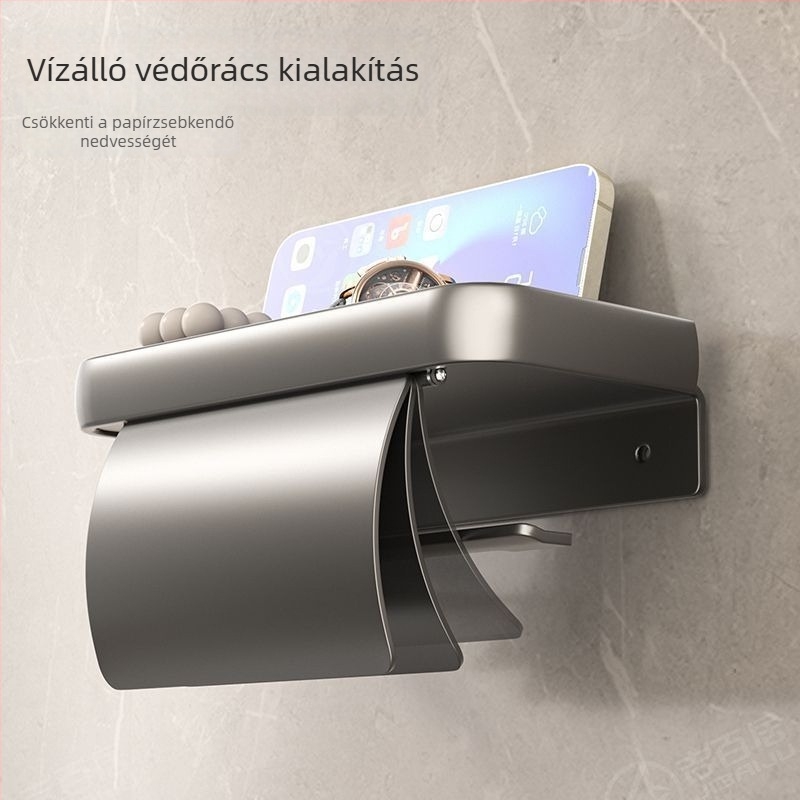 Fúrás nélküli falra szerelhető fürdőszobai telefonpolc, papírzsebkendő-doboz és tároló tálca