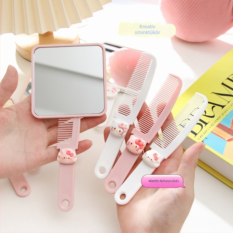Kreatív cicás sminktükör hordozható fésűvel – kézi sminktükör