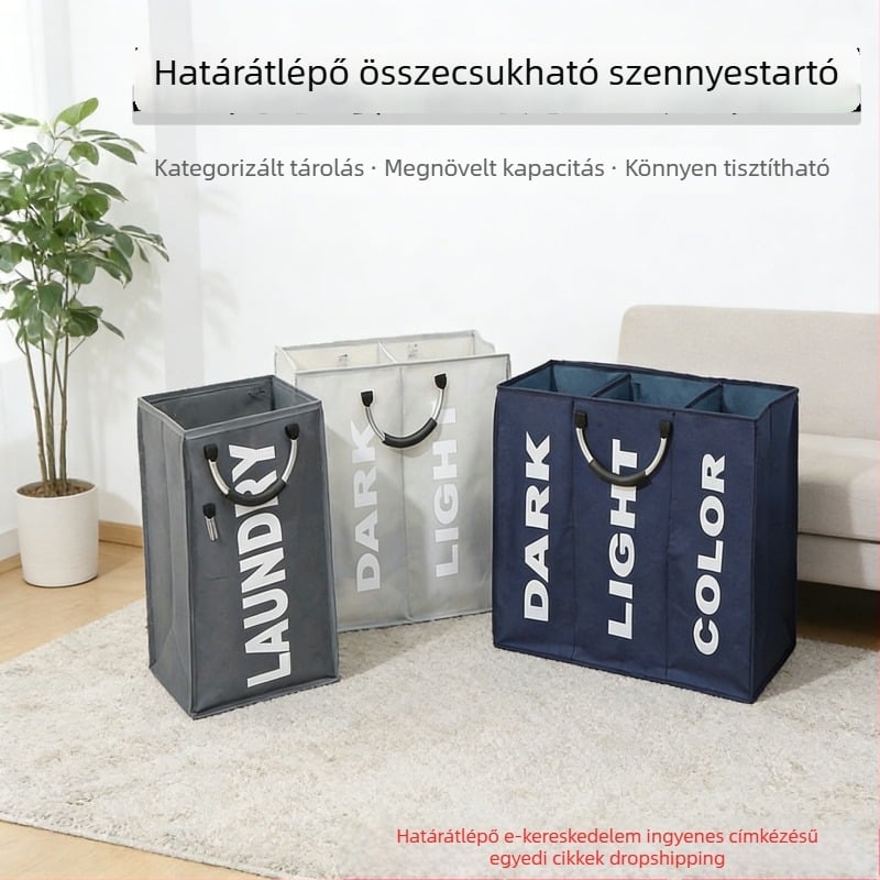 Könnyen hordozható, összecsukható Oxford anyagból készült szennyeskosár alumínium gyűrűvel, nagy kapacitás