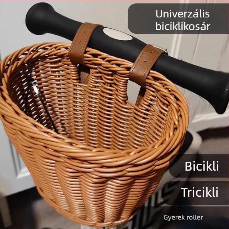 Kézzel készített műanyag rattan utánzatú előkosár gyerekeknek a kerékpárhoz, nassolnivaló tárolóval, esőálló
