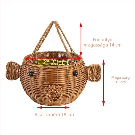 Kézzel font tárolókosár vas kerettel és rattan utánzattal, gyümölcsök és zöldségek számára; kézben hordozható, vidéki stílus