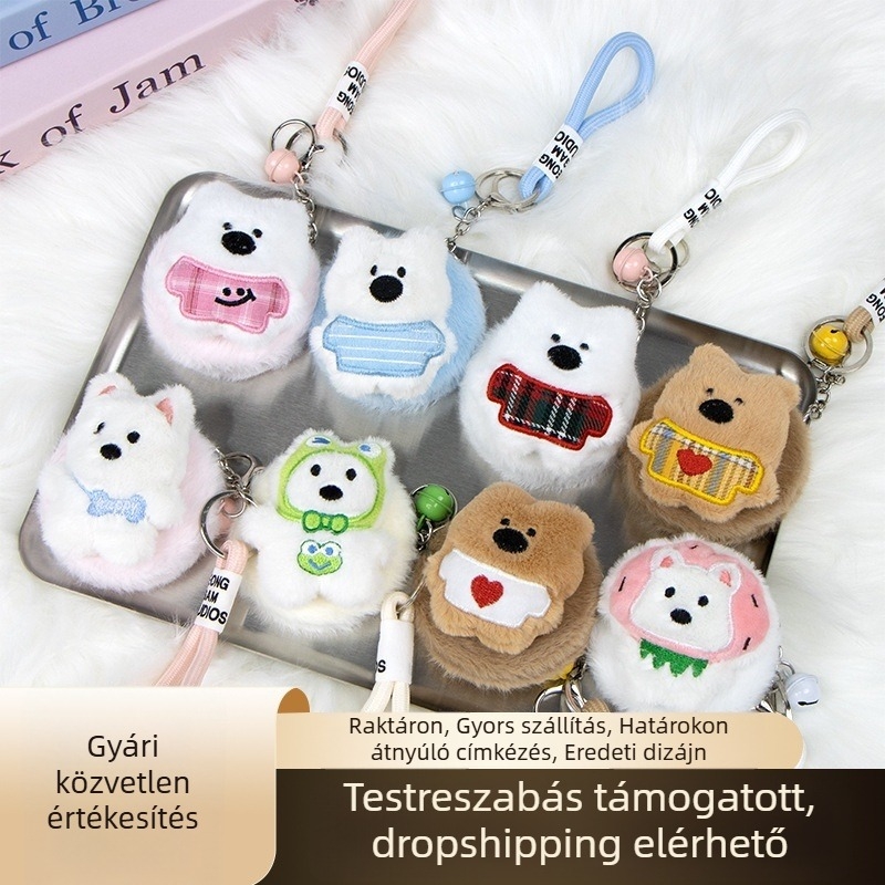 Aranyos West Highland plüss tükrös medál, táskára akasztható, karikatúra motívummal, kétoldalas kozmetikai tükrö, kis kerek 7.5×7.5 cm
