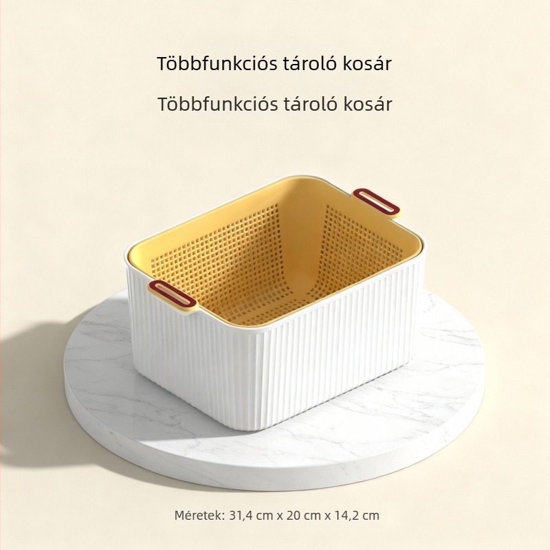 Otthoni konyhai gyümölcs- és zöldségtároló kosár, multifunkcionális leeresztő kosár, kettős rétegű, négyszögletes, nagy kapacitás