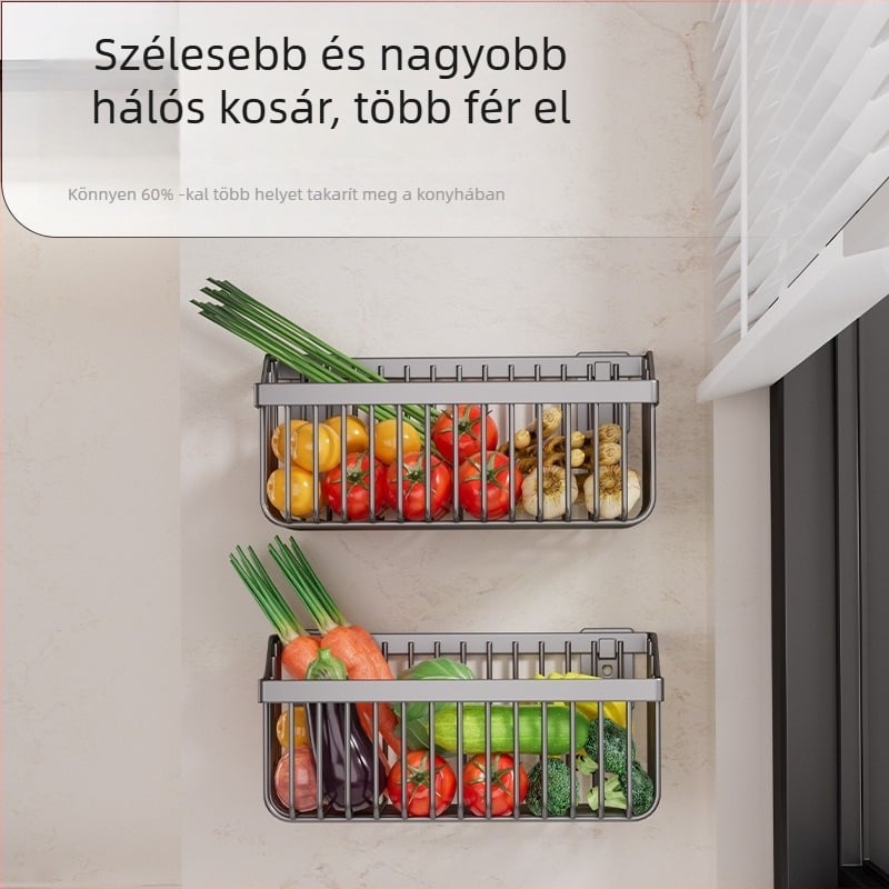 Fali szerelés nélküli tárolókosár konyha- és fürdőszobába gyömbérre, hagymára és fokhagymára, lefolyóval