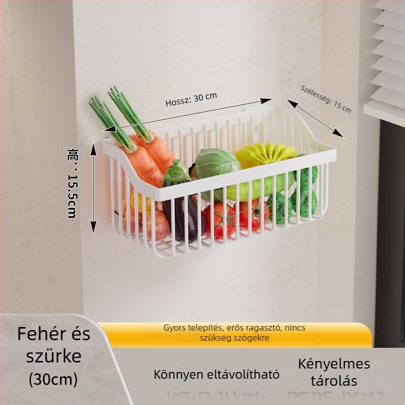 Fali szerelés nélküli tárolókosár konyha- és fürdőszobába gyömbérre, hagymára és fokhagymára, lefolyóval