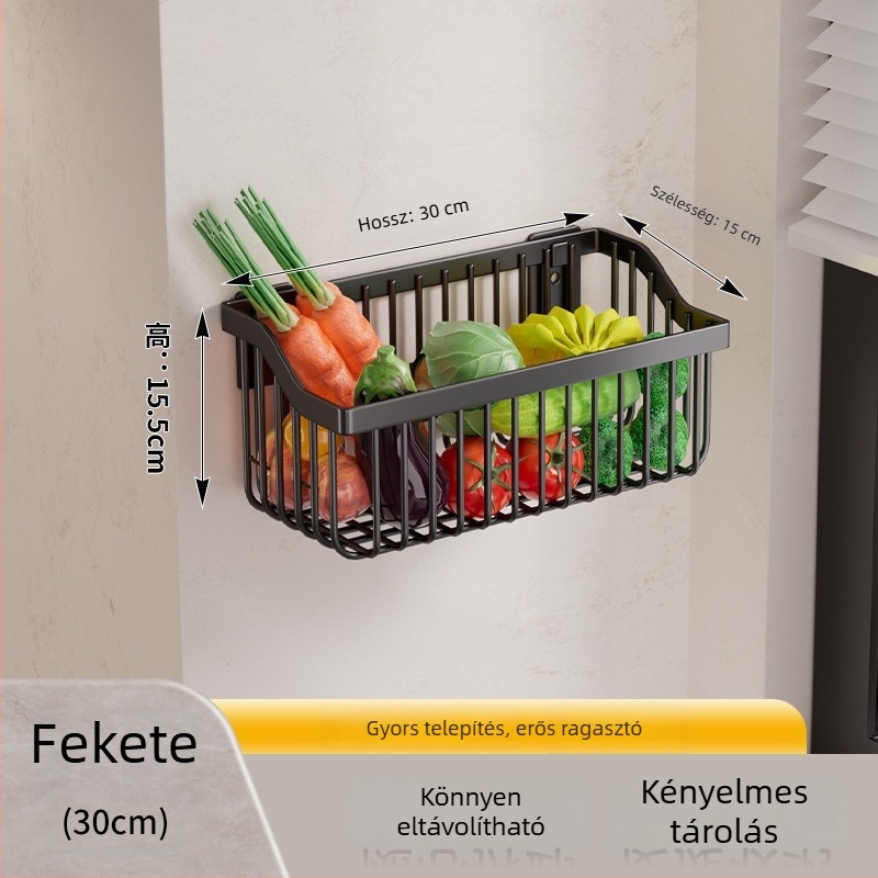 Fali szerelés nélküli tárolókosár konyha- és fürdőszobába gyömbérre, hagymára és fokhagymára, lefolyóval
