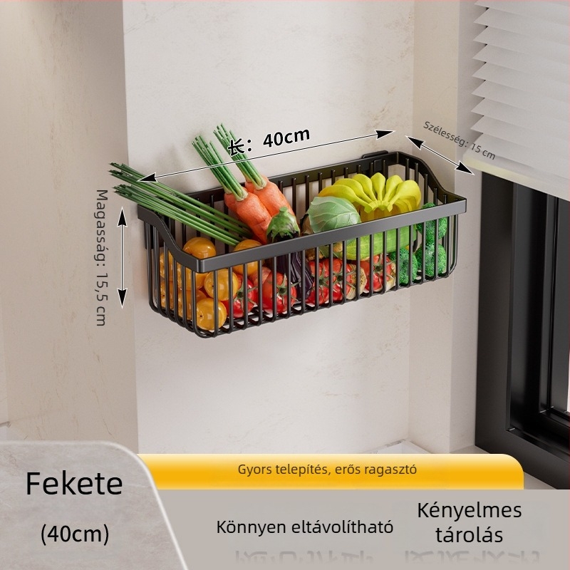 Fali szerelés nélküli tárolókosár konyha- és fürdőszobába gyömbérre, hagymára és fokhagymára, lefolyóval