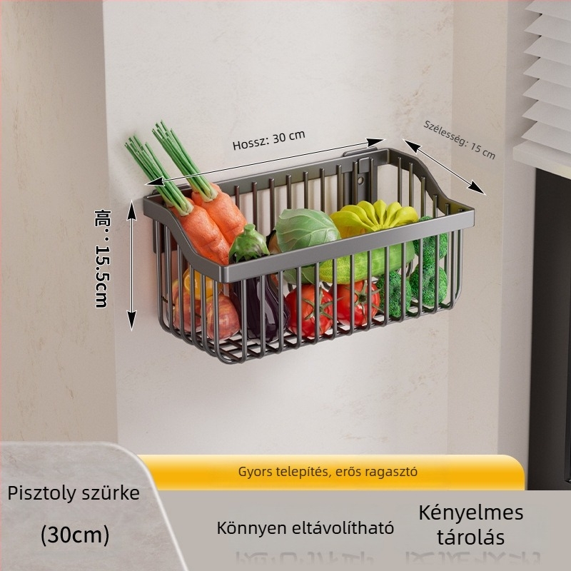 Fali szerelés nélküli tárolókosár konyha- és fürdőszobába gyömbérre, hagymára és fokhagymára, lefolyóval