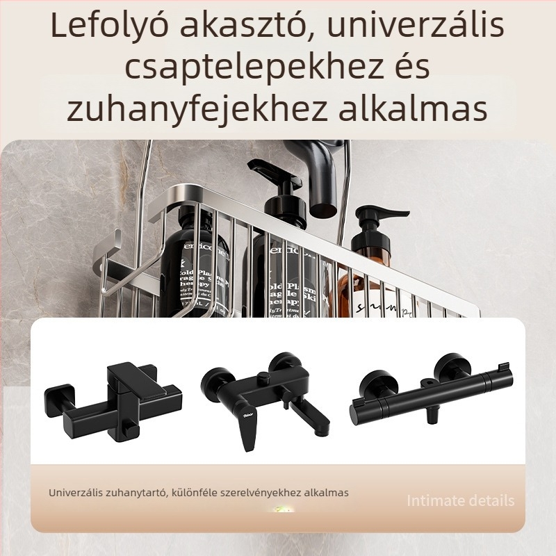 Fúrás nélküli zuhanyrúdrára akasztható kosár, fürdőszobai tárolópolc gel és sampon számára