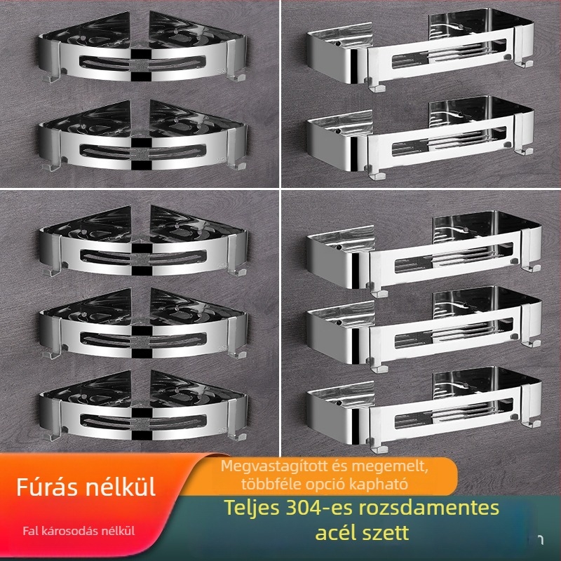 304 rozsdamentes acélból készült, falra szerelhető fürdőszobai tároló, 3-szintű, háromszög kosárral, fúrás nélkül