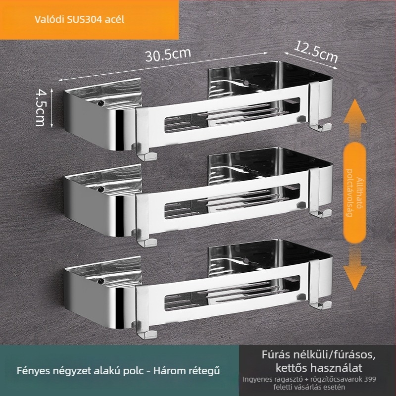 304 rozsdamentes acélból készült, falra szerelhető fürdőszobai tároló, 3-szintű, háromszög kosárral, fúrás nélkül