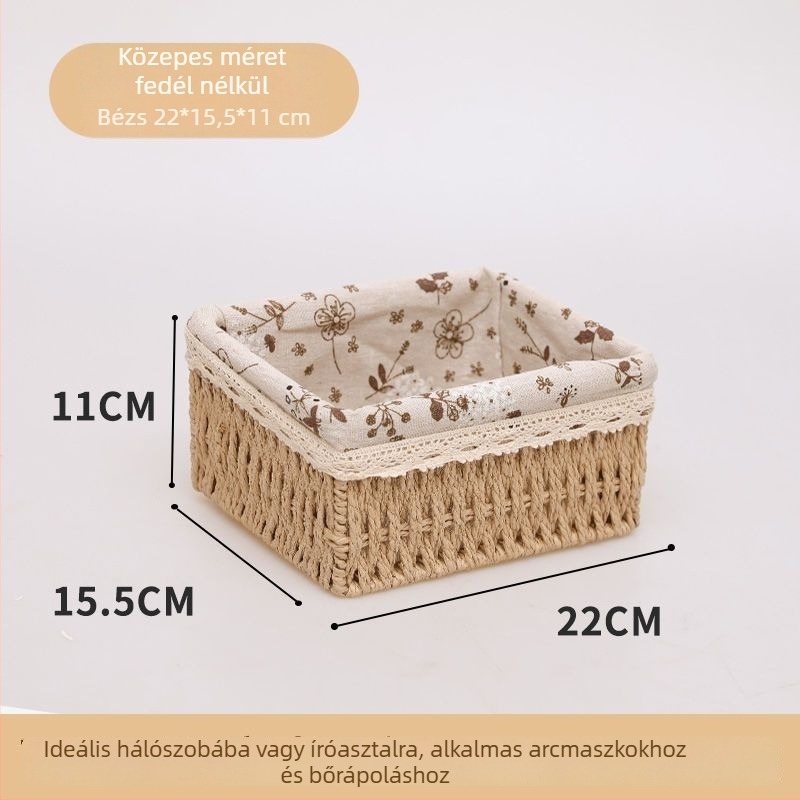 Fedéllel ellátott szövött tároló kosár az asztalhoz – kozmetikumok, nassolnivalók, apró dolgok, fehérnemű, kulcsok és távirányítók tárolására