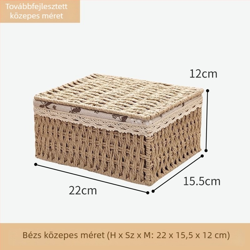 Fedéllel ellátott szövött tároló kosár az asztalhoz – kozmetikumok, nassolnivalók, apró dolgok, fehérnemű, kulcsok és távirányítók tárolására