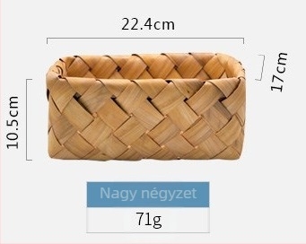 Kézzel szőtt fa szeletekből készült tárolókosár gyümölcsöknek, zöldségeknek és konyhai kellékeknek.
