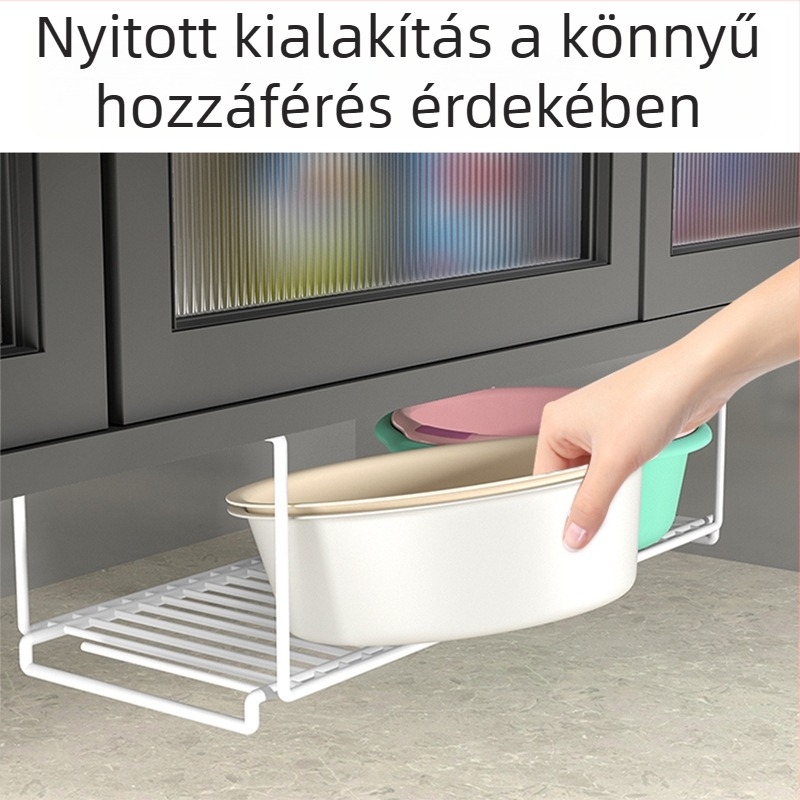Kétszintes mosdó alatti tárolópolc felakasztható kosárral, szénacélból, kampós rögzítés