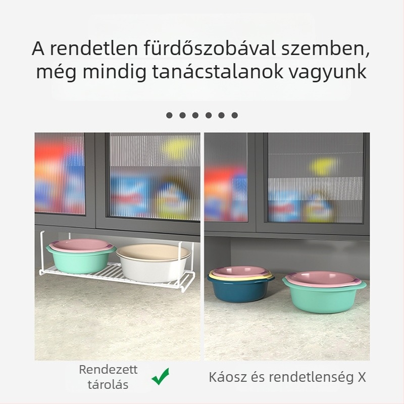 Kétszintes mosdó alatti tárolópolc felakasztható kosárral, szénacélból, kampós rögzítés