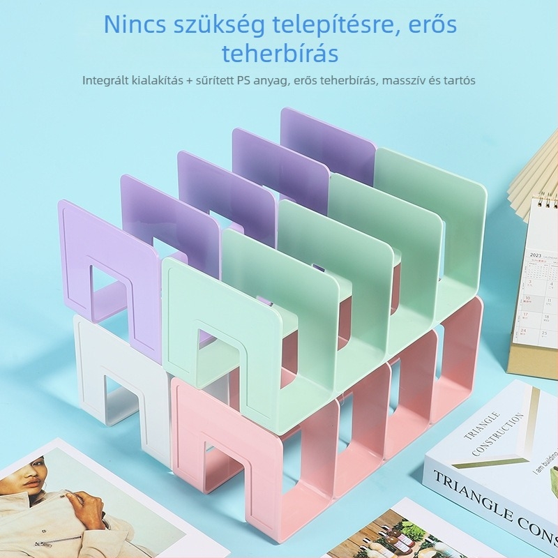 Asztali könyvtartó négy rekesszel, átlátszó könyves rendező