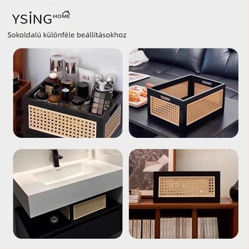 Otthoni használatra készült imitált rattan tároló kosár, asztali szövött kosár játékokhoz, nassolnivalókhoz és kozmetikumokhoz és egyéb tárgyakhoz, japán stílusú fából készült tároló doboz