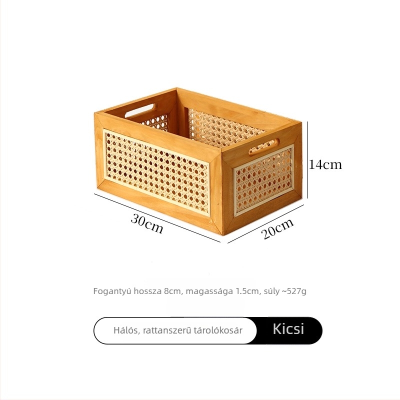 Otthoni használatra készült imitált rattan tároló kosár, asztali szövött kosár játékokhoz, nassolnivalókhoz és kozmetikumokhoz és egyéb tárgyakhoz, japán stílusú fából készült tároló doboz