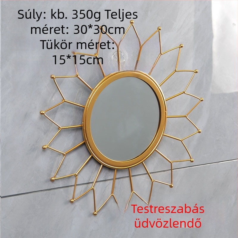 Sun Kör alakú arany falitükör nappaliba, hálószobába és fürdőszobába — dekoratív, vasból, lyukmentes