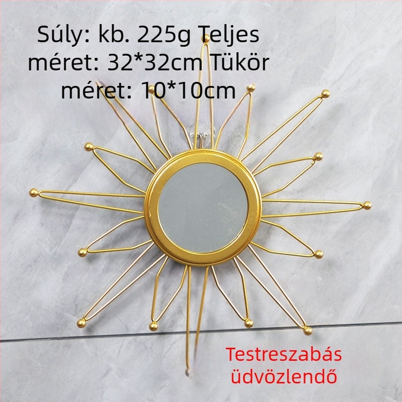 Sun Kör alakú arany falitükör nappaliba, hálószobába és fürdőszobába — dekoratív, vasból, lyukmentes