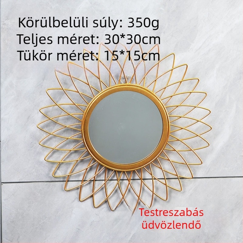 Sun Kör alakú arany falitükör nappaliba, hálószobába és fürdőszobába — dekoratív, vasból, lyukmentes