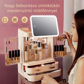 Beépített tükrös kozmetikai tároló, porvédett asztali sminktároló, nagy kapacitású