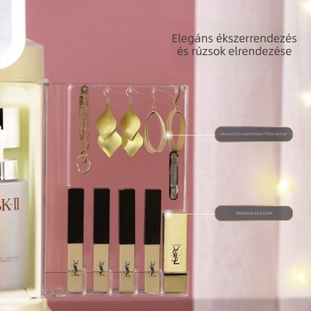 Beépített tükrös kozmetikai tároló, porvédett asztali sminktároló, nagy kapacitású