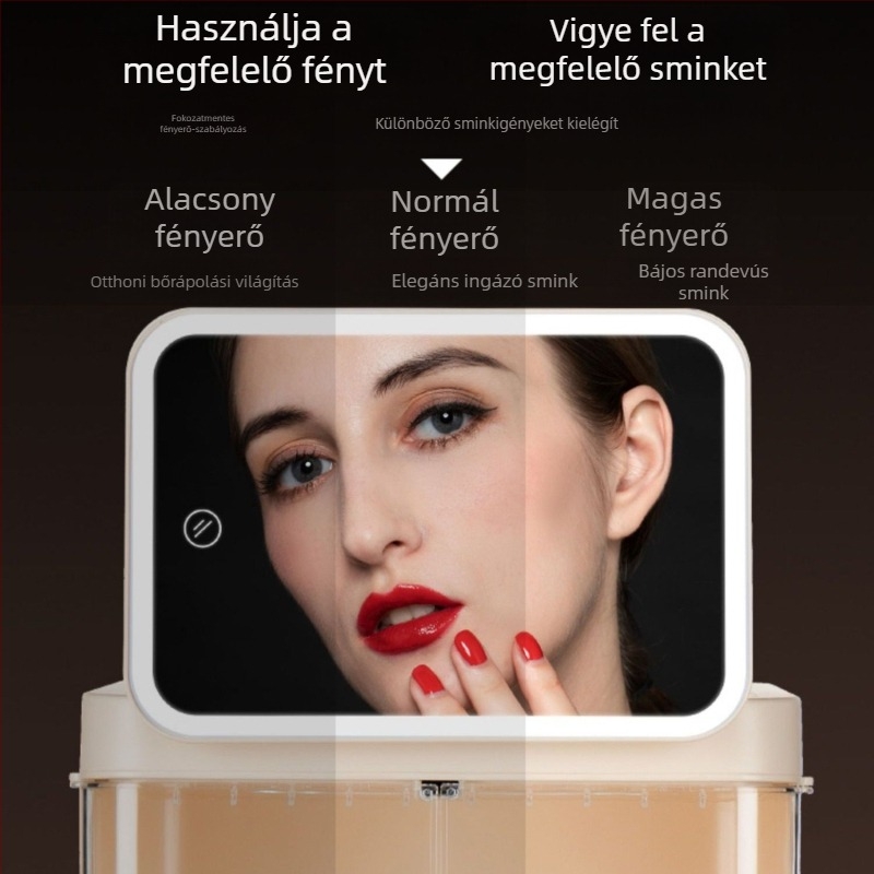 Beépített tükrös kozmetikai tároló, porvédett asztali sminktároló, nagy kapacitású