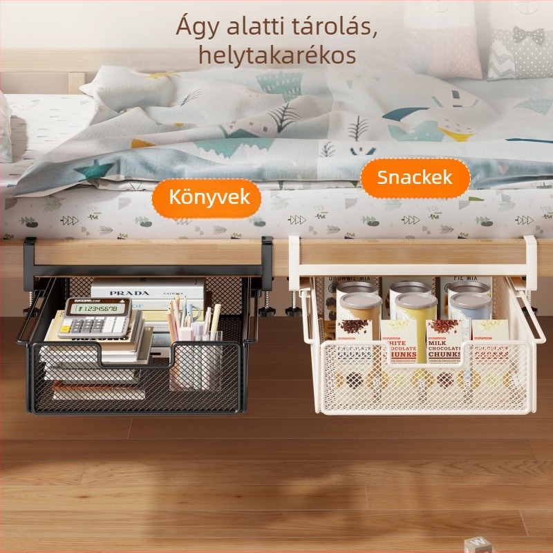 Kollégiumi ágy alatti tároló kosárral tárgyak és nassolnivalók számára, fúrás nélkül, íróasztal fiókos szervező