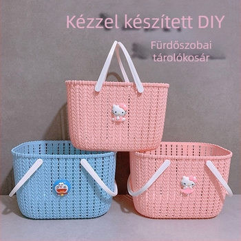 Hordozható műanyag tároló kosár imitált rattanból, fürdőszobai akasztó/asztali szervező, aranyos mesés dizájn, kék